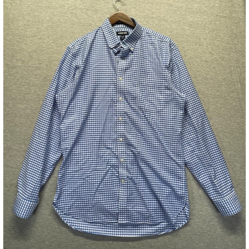 Lands'‎ End Dress Shirt Mens 16 Blue White Check Tailored Fit Oxford Button Down